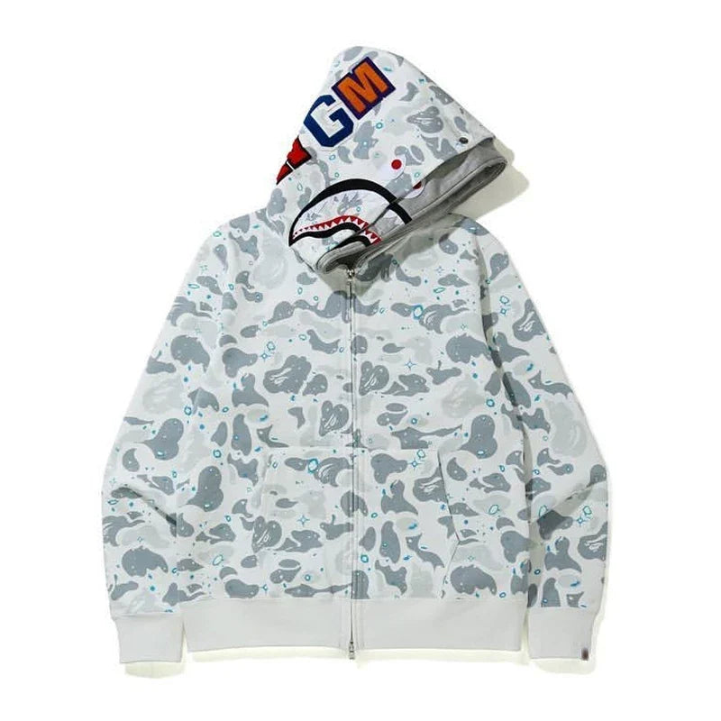 BAPE Style Camo Shark Full-Zip Hoodie - Light Grey/Ice Blue