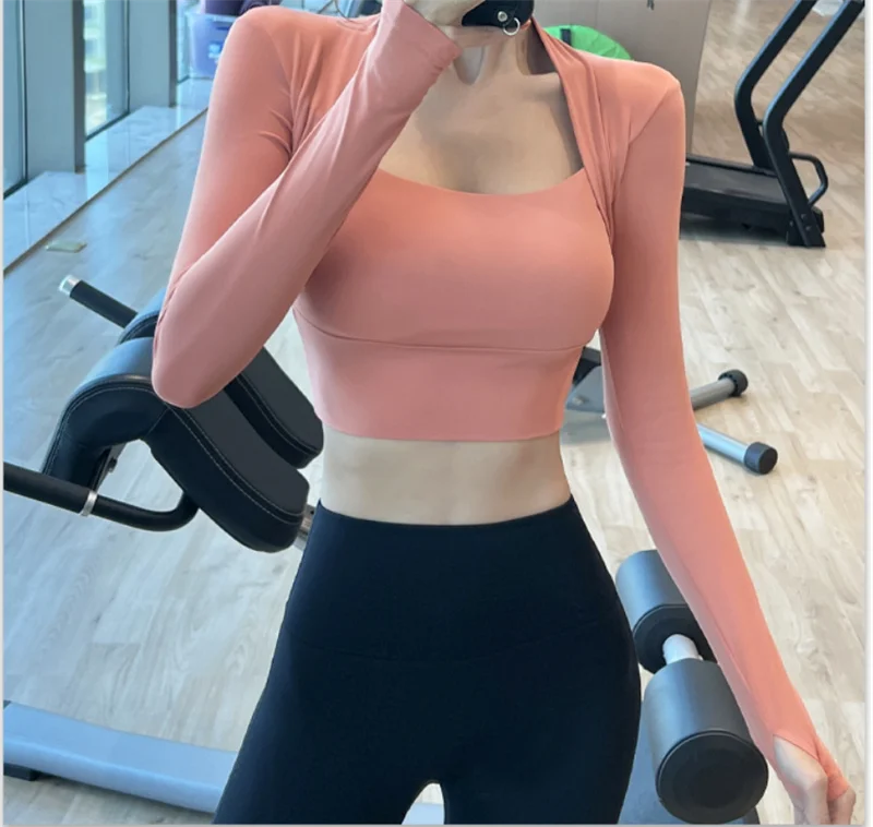 Aiithuug Padded Yoga Shirts Long Sleeve Yoga Crop Tops Low Cut Shirts Gym Shirt Workout Gym Top Insert Pads Slim Fit Sports