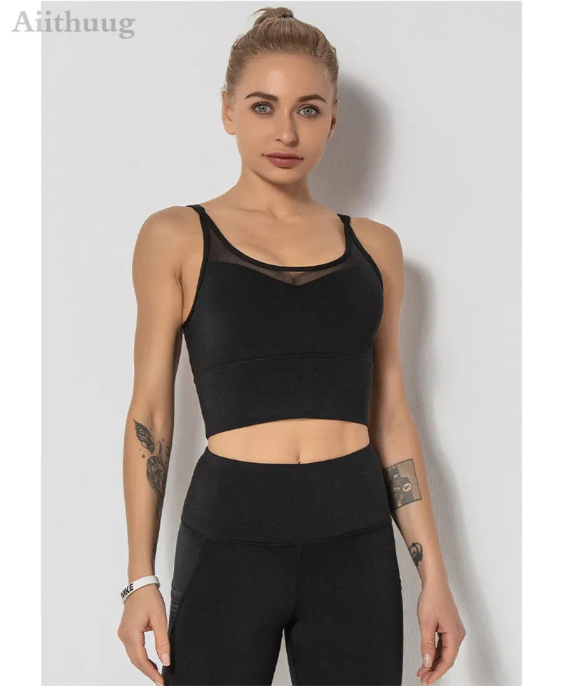 Mesh Breathable Yoga Bra Pilates Crop Bra Yoga Crops Gym Crop Fitness Top Quick Dry Spaghetti Strap Sports Bra