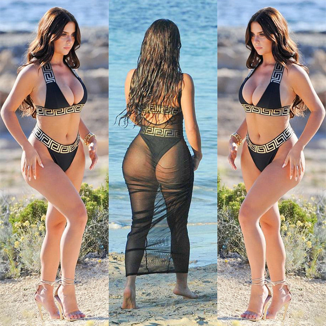 Print Black Push Up Bikini Two Pieces Set Women Swimwear Bandage Halter Swimsuit Bathing Suit