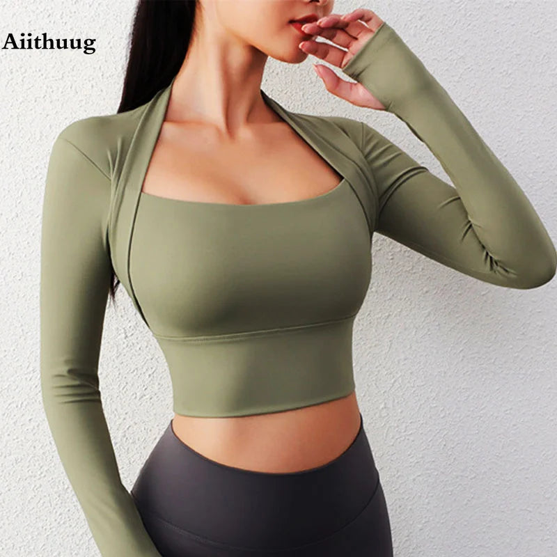 Aiithuug Padded Yoga Shirts Long Sleeve Yoga Crop Tops Low Cut Shirts Gym Shirt Workout Gym Top Insert Pads Slim Fit Sports