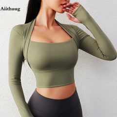 Aiithuug Padded Yoga Shirts Long Sleeve Yoga Crop Tops Low Cut Shirts Gym Shirt Workout Gym Top Insert Pads Slim Fit Sports