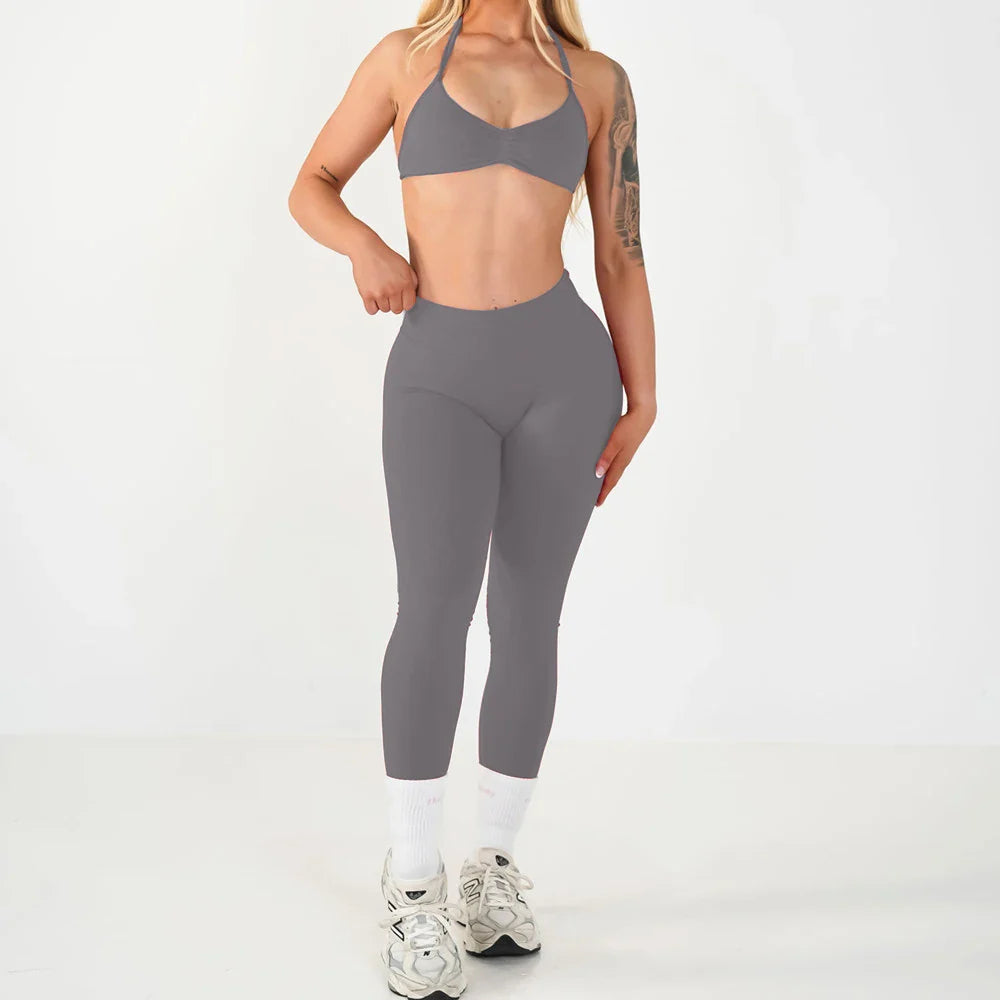 2PCS Seamless Yoga Set Women Workout Scrunch Leggings Strappy Sports Bra Fitness Gym Clothing Workout Set XP389