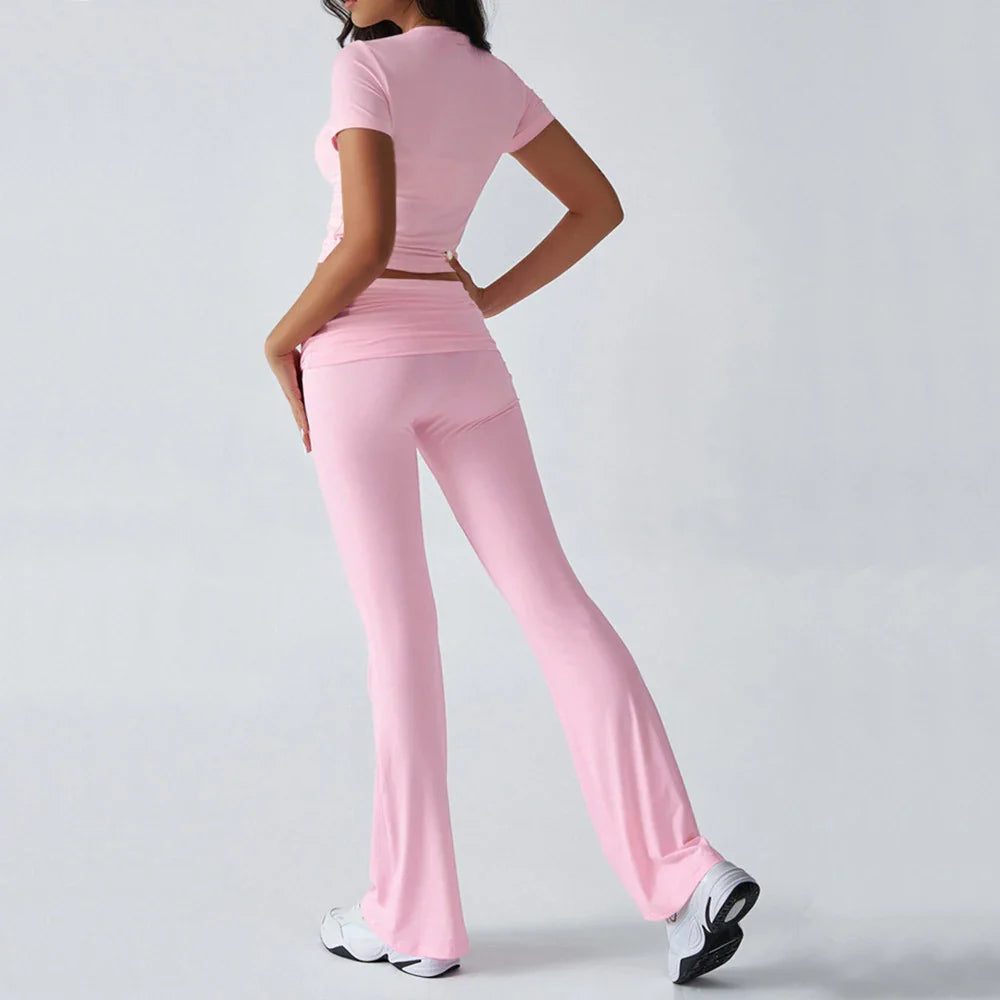 Foldable 2PCS Yoga Set Women Short Sleeve Crop Top Slim Fit High Waist Flare Leggings Fitness Suit Workout Gym Running Tracksuit