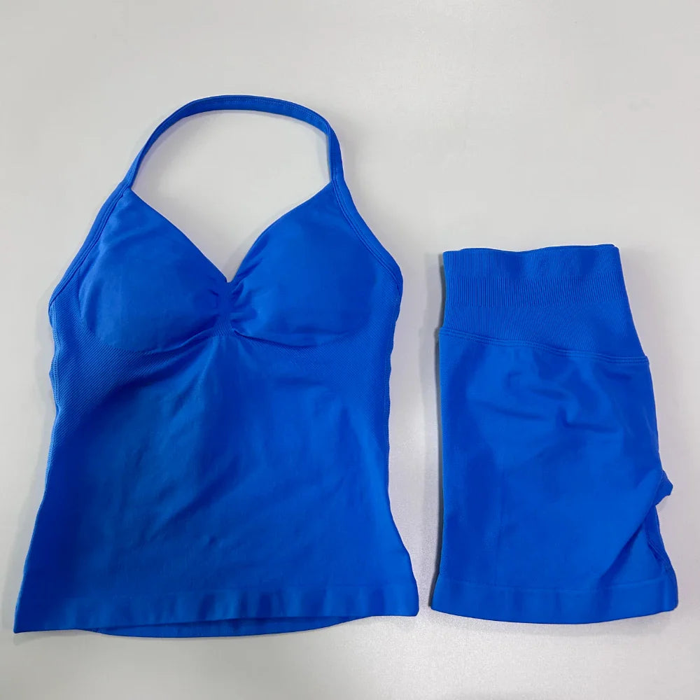 2Pcs Gym Set Women Backless Tank Tops High Waist Scrunch Seamless Shorts Gym Suit Fitness Clothes Activewear Workout Set