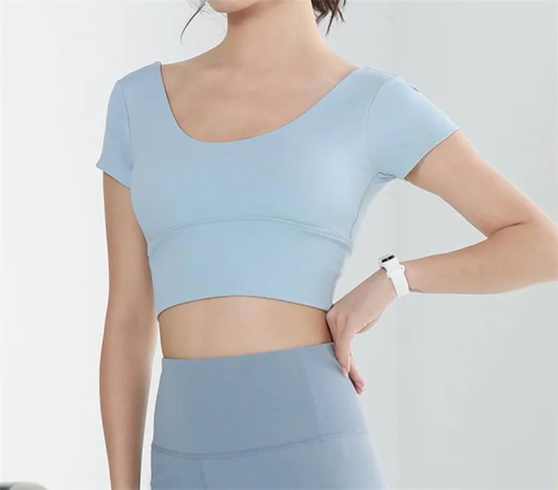 Built-in Cup Gym Crops U Neck Yoga Crop Top Grace Neck Line Bra Elastic Stretchy Fitness Crops Breathable Gym Top