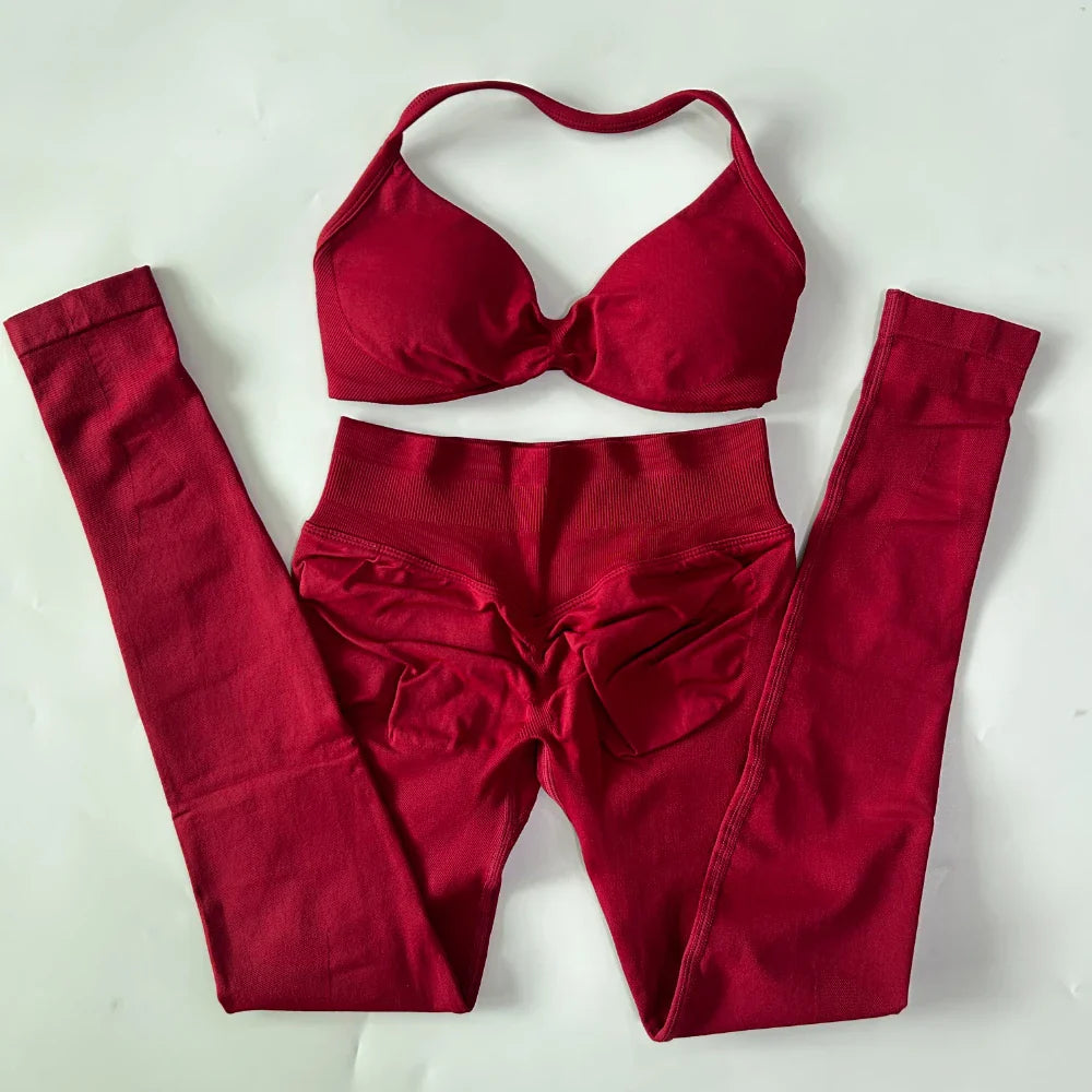 2 Pieces Set For Woman Strappy Yoga Bra Sports Top Workout Leggings Set Seamless Gym Set Fitness Clothes Outfit Activewear