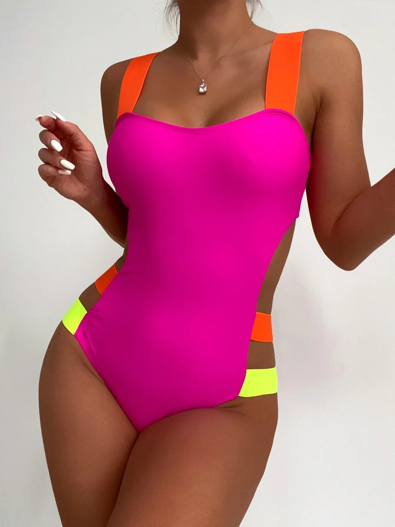 Hot Pink Color Block One-piece Swimsuit Women Neon Swimwear