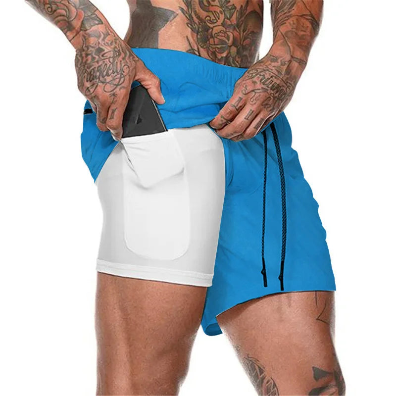 European Men's Sports Summer Double Layer Mobile Phone Pants Gym Exercise Jogging Training Shorts