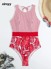 One Piece Swimsuit Women Striped Print Beachwear Hollow Out Lace Up Monokini Summer 2026 Bikinis Beach Fashion Bodysuit