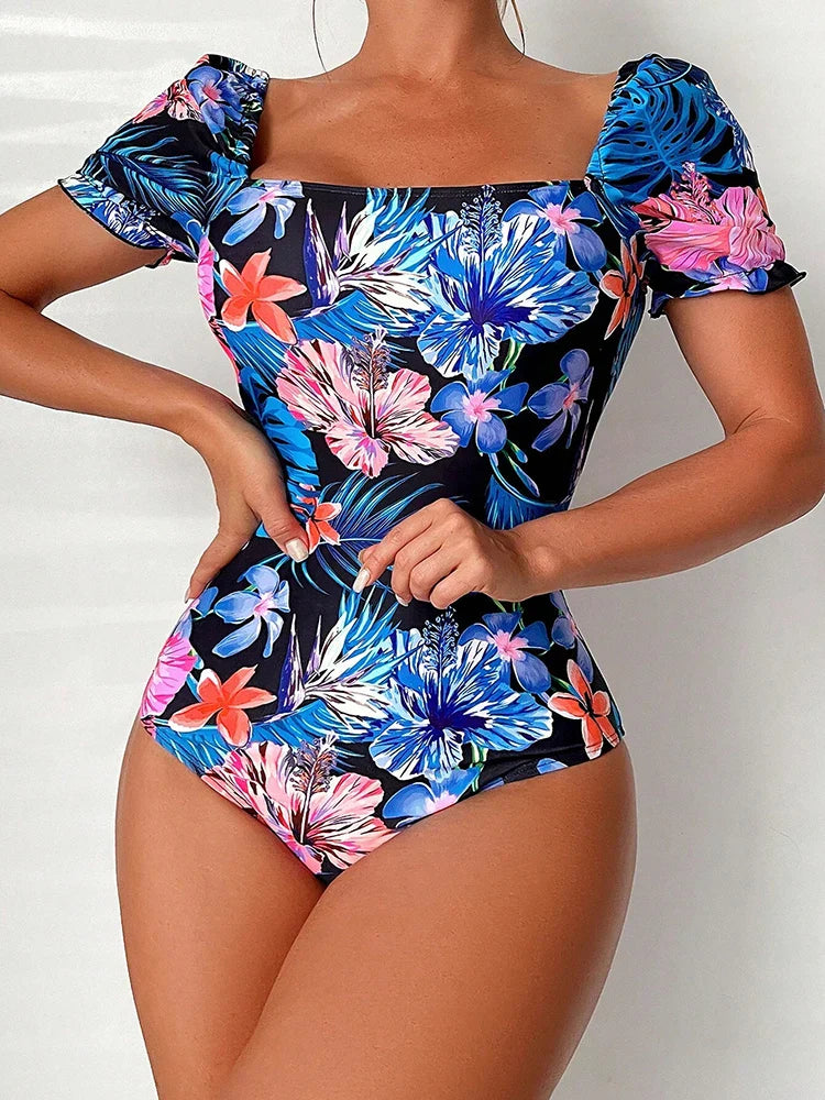 One Piece Swimsuit Women Floral Print Backless Beachwear Drawstring Short Sleeve Beach Bodysuit