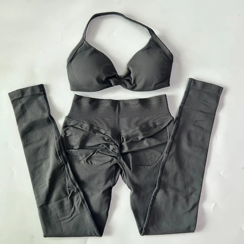 2 Pieces Set For Woman Strappy Yoga Bra Sports Top Workout Leggings Set Seamless Gym Set Fitness Clothes Outfit Activewear