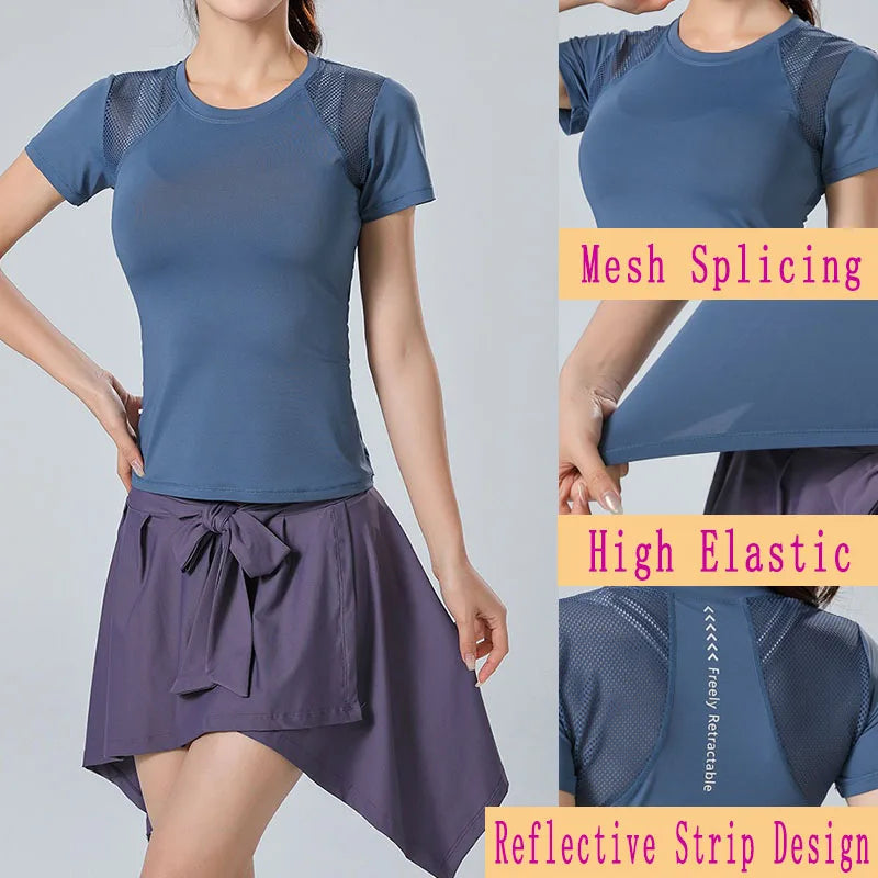 PofyBofy Mesh Stitching Reflective Strip Back Quick Dry Elastic Breathable Basic Short Sleeve Yoga T-shirt Women Gym Fitness Top