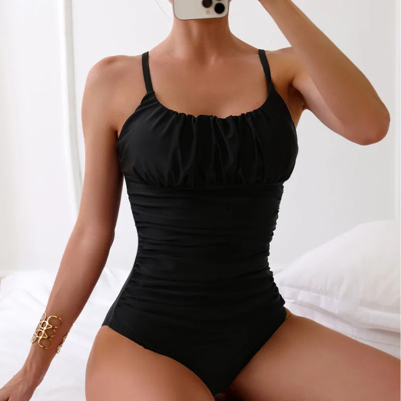 Black One Piece Swimsuits Closed Belly Covering Women Swimwear Push Up Swim Wear Body Bathing Suits Beachwear Pool Bather