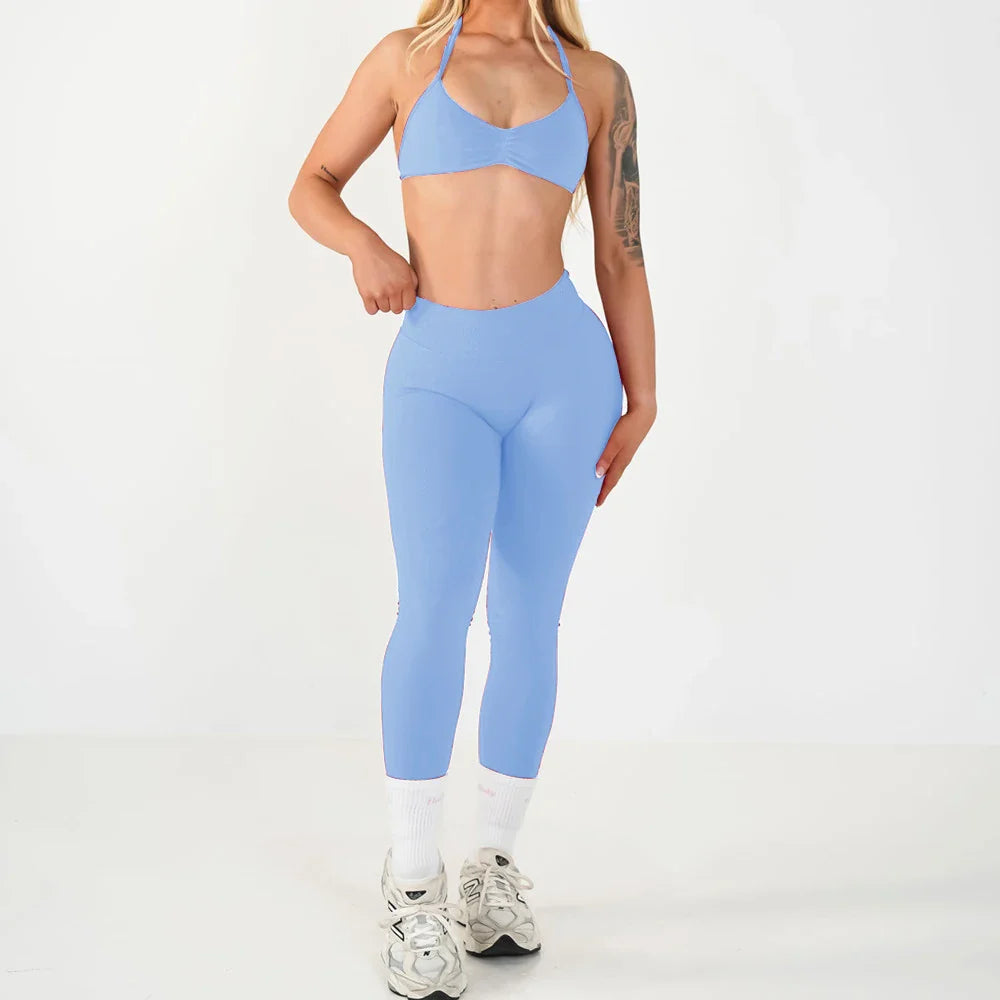 2PCS Seamless Yoga Set Women Workout Scrunch Leggings Strappy Sports Bra Fitness Gym Clothing Workout Set XP389