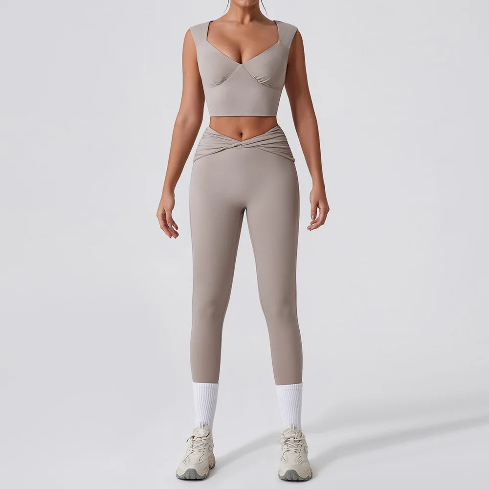 2PCS Women Yoga Set Workout Pant Outfits Fitness Sportswear Gym High Waist Flare Leggings Sports Bra Athletic Tracksuit