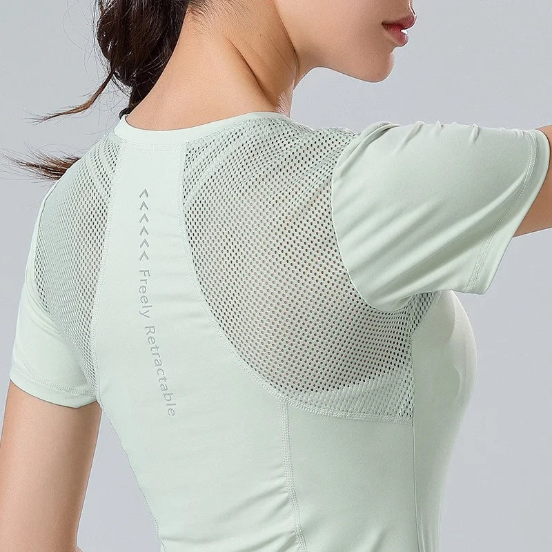 PofyBofy Mesh Stitching Reflective Strip Back Quick Dry Elastic Breathable Basic Short Sleeve Yoga T-shirt Women Gym Fitness Top