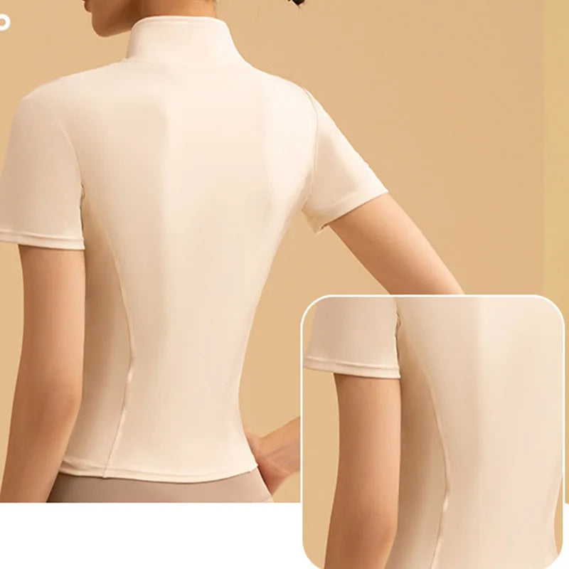 Aiithuug Yoga Tops Zipper Short Sleeve Gym Shirts Waist Slimmer Zip Up Sports Workout Top Fitness Jackets Running Slim Fit Tops