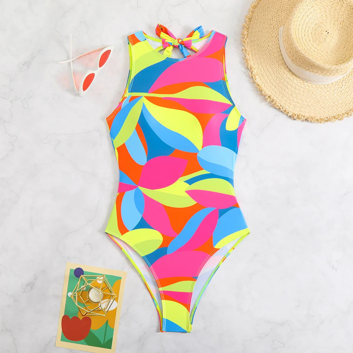 Color Block Swimsuit One Piece Backless Printed Swimwear Women Bathers Bathing Swimming Swim Suit Padded Beachwear Summer