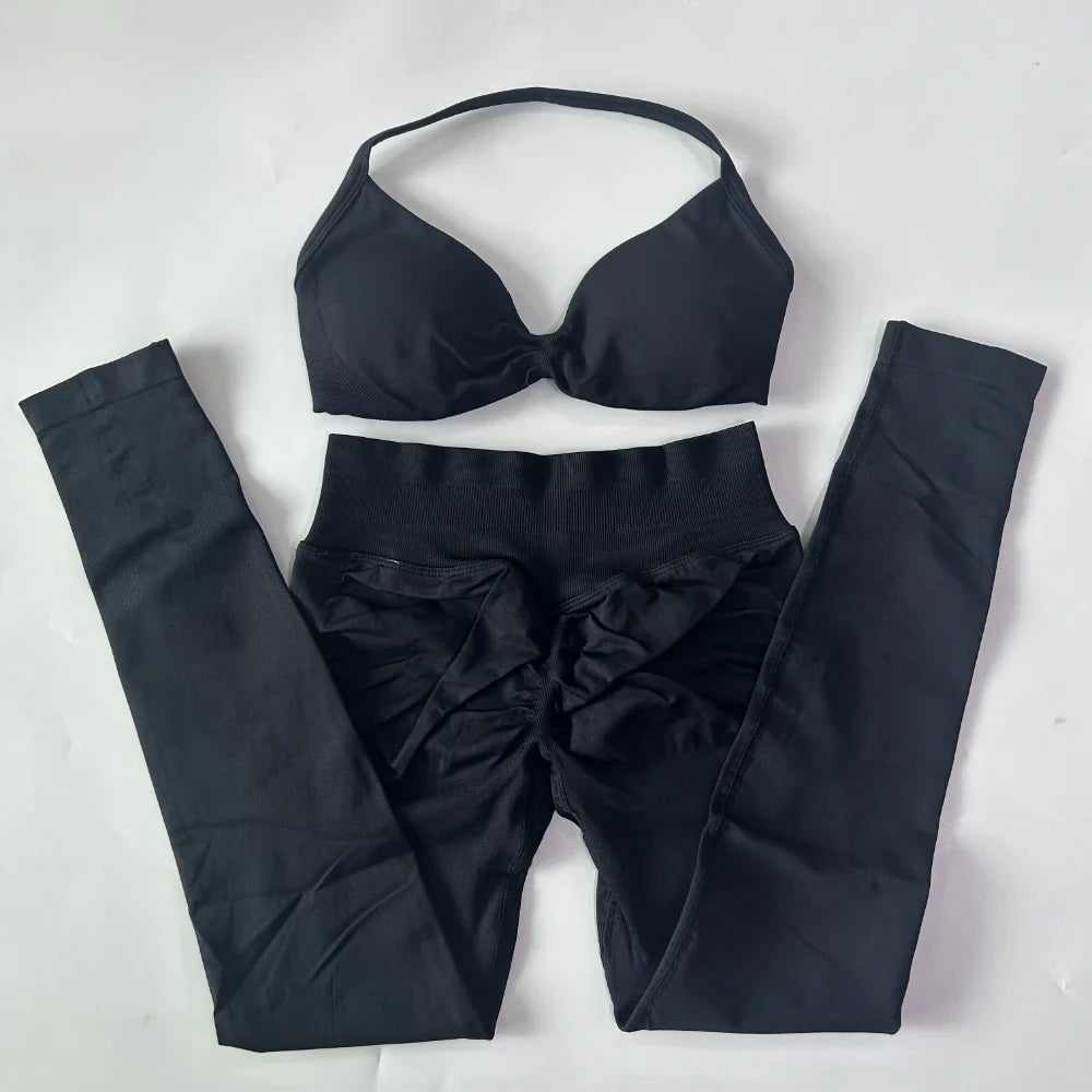 2 Pieces Set For Woman Strappy Yoga Bra Sports Top Workout Leggings Set Seamless Gym Set Fitness Clothes Outfit Activewear