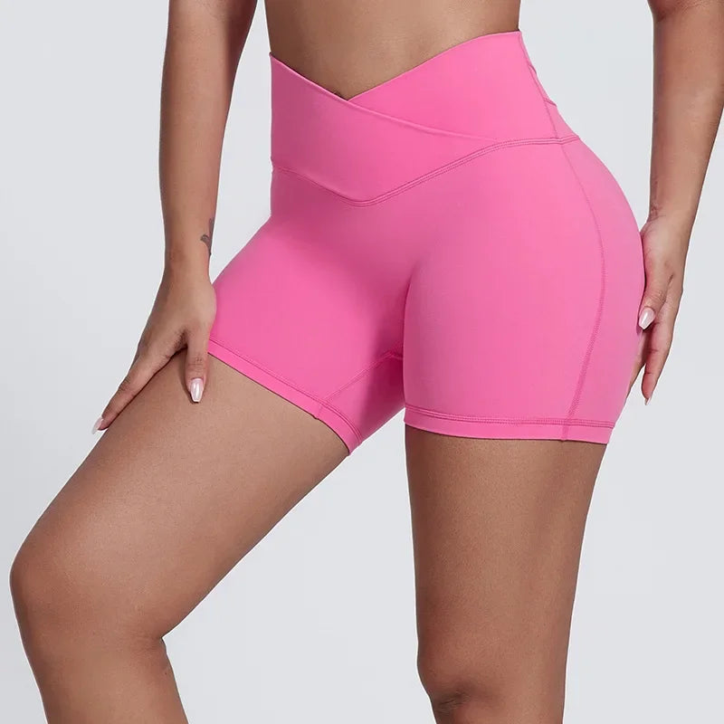 Peach Butt Lift Crossover Waist 4" Gym Shorts High Waist V Yoga Workout Running Shorts