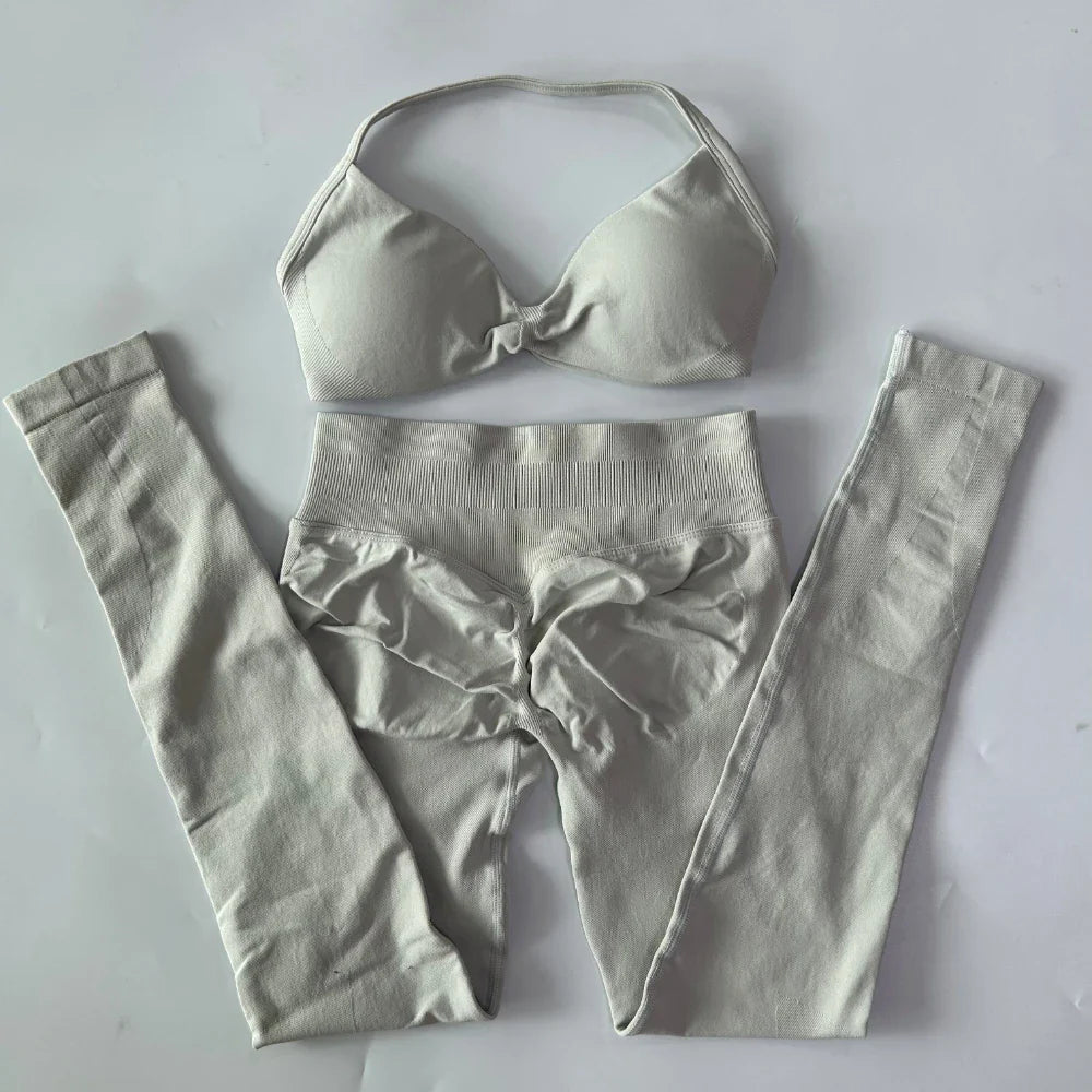 2 Pieces Set For Woman Strappy Yoga Bra Sports Top Workout Leggings Set Seamless Gym Set Fitness Clothes Outfit Activewear