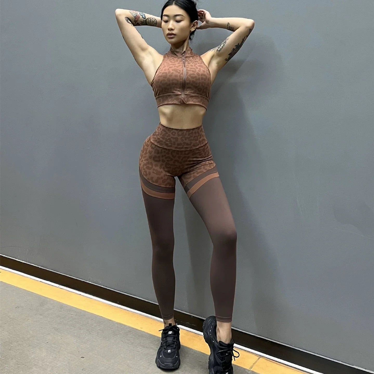 1/2PCS Zipper Leopard Sport Gym Yoga Sets Women Sport Bra Scrunch Pants Fitness Leggings Suits Workout Clothes for Women