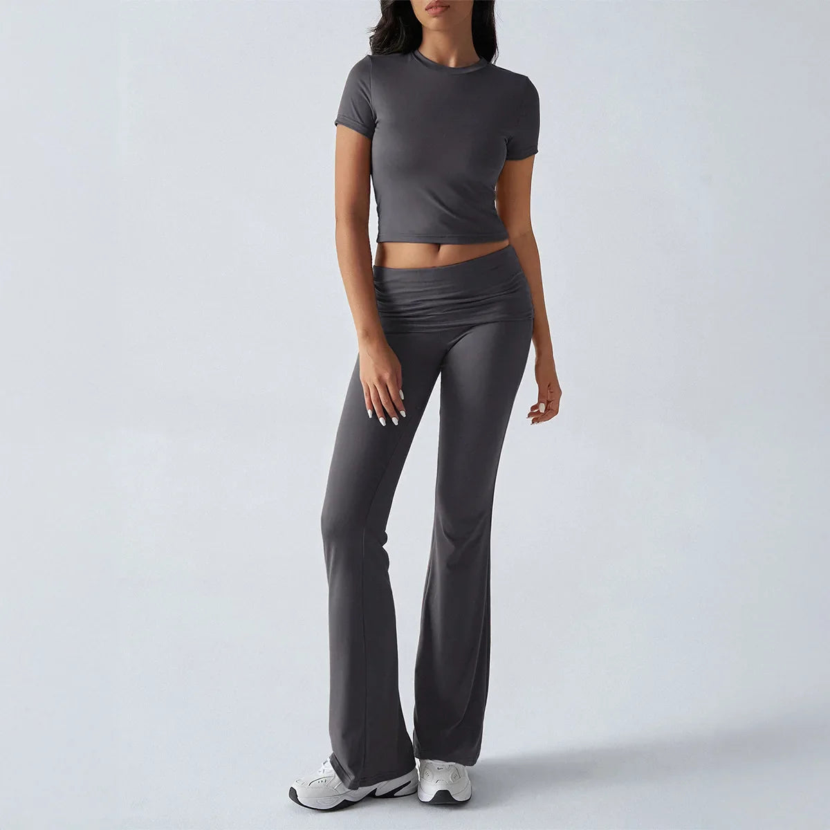 Foldable 2PCS Yoga Set Women Short Sleeve Crop Top Slim Fit High Waist Flare Leggings Fitness Suit Workout Gym Running Tracksuit