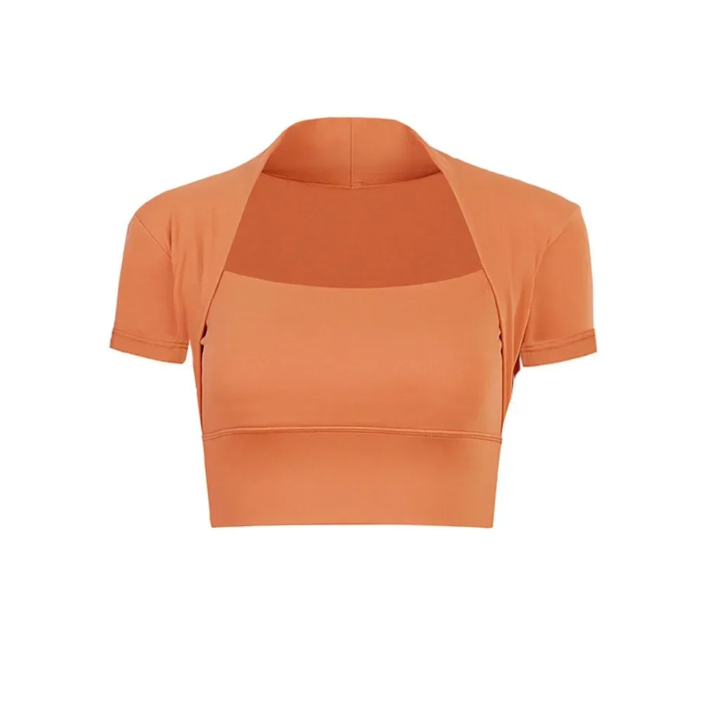 Fabric Yoga Crop Short Sleeve Build-in Bra Square Neck Gym Crop Top Workout Bra Crop U Neck Yoga Crops with Bra