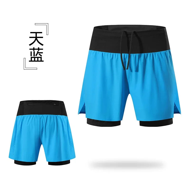 Double-deck Outdoor Marathon Basketball Running Men's Gym Fitness Run Shorts Quick Drying Pocket Training Jogging Workout Shorts