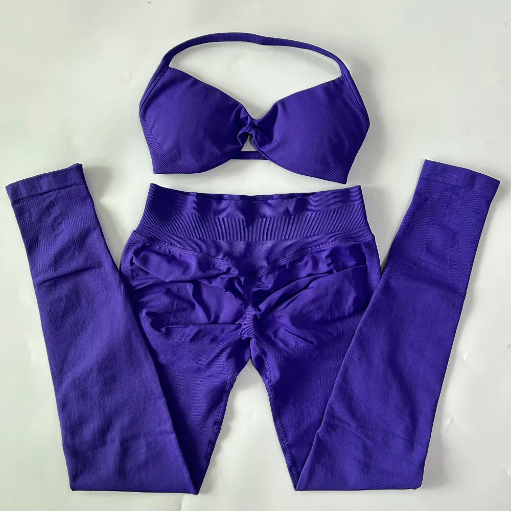 2 Pieces Set For Woman Strappy Yoga Bra Sports Top Workout Leggings Set Seamless Gym Set Fitness Clothes Outfit Activewear