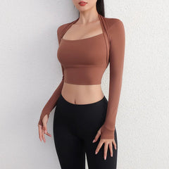 Aiithuug Padded Yoga Shirts Long Sleeve Yoga Crop Tops Low Cut Shirts Gym Shirt Workout Gym Top Insert Pads Slim Fit Sports