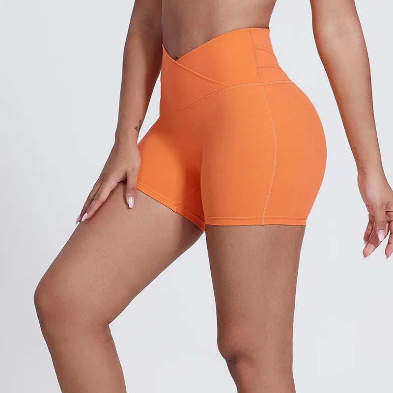 Peach Butt Lift Crossover Waist 4" Gym Shorts High Waist V Yoga Workout Running Shorts