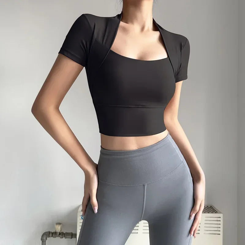 Fabric Yoga Crop Short Sleeve Build-in Bra Square Neck Gym Crop Top Workout Bra Crop U Neck Yoga Crops with Bra