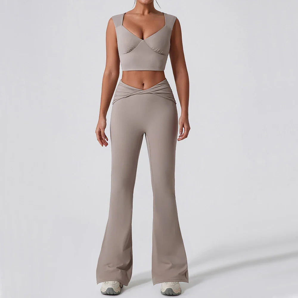 2PCS Women Yoga Set Workout Pant Outfits Fitness Sportswear Gym High Waist Flare Leggings Sports Bra Athletic Tracksuit