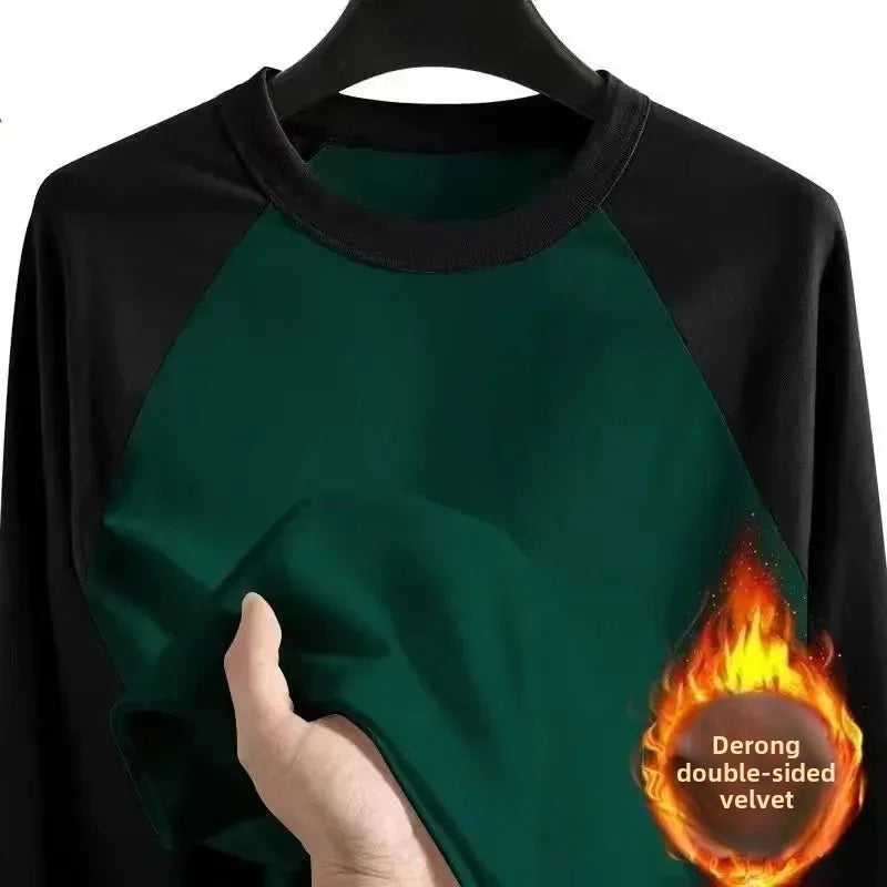 Double-Sided Men's Long Sleeve Crew Neck Thermal T-Shirt Winter Warm Clothing Solid Color Contrast Color German Velvet Base Shirt