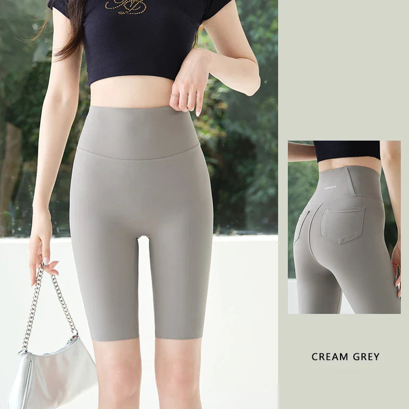 Summer Back Pocket Sharkskin Cycling Shorts Women Cool Knee Length Short Leggings Casual Elastic Sport Biker Shorts