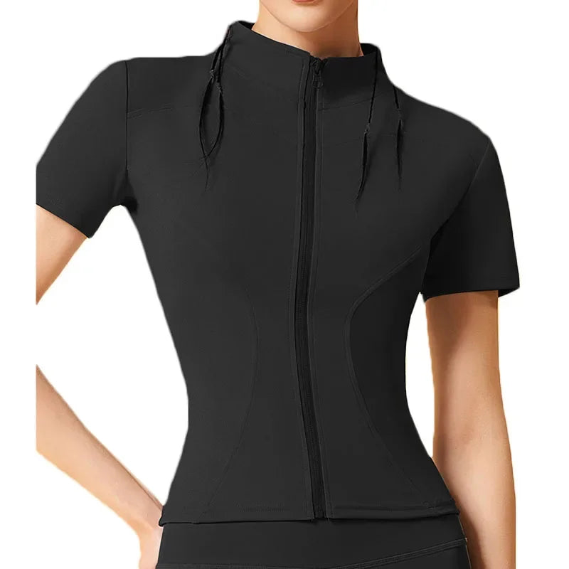 Aiithuug Yoga Tops Zipper Short Sleeve Gym Shirts Waist Slimmer Zip Up Sports Workout Top Fitness Jackets Running Slim Fit Tops