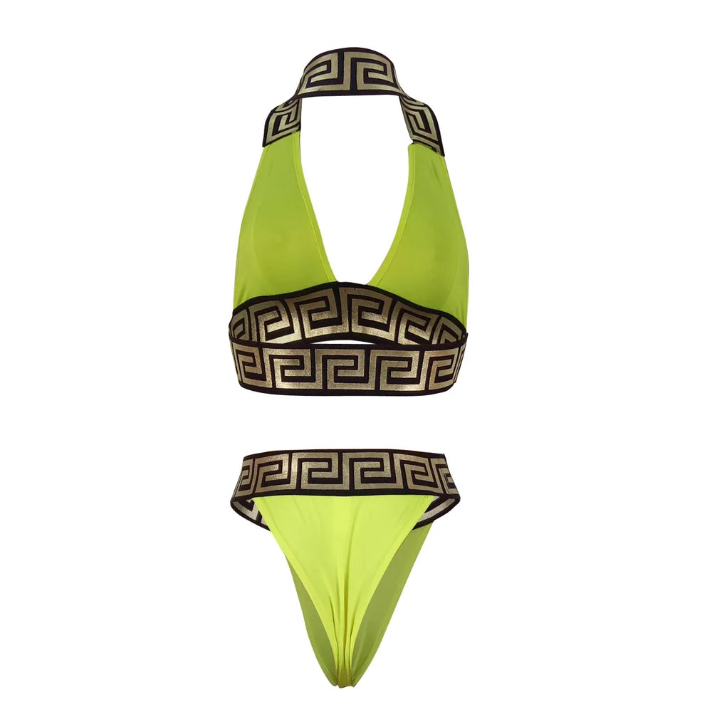 Print Black Push Up Bikini Two Pieces Set Women Swimwear Bandage Halter Swimsuit Bathing Suit