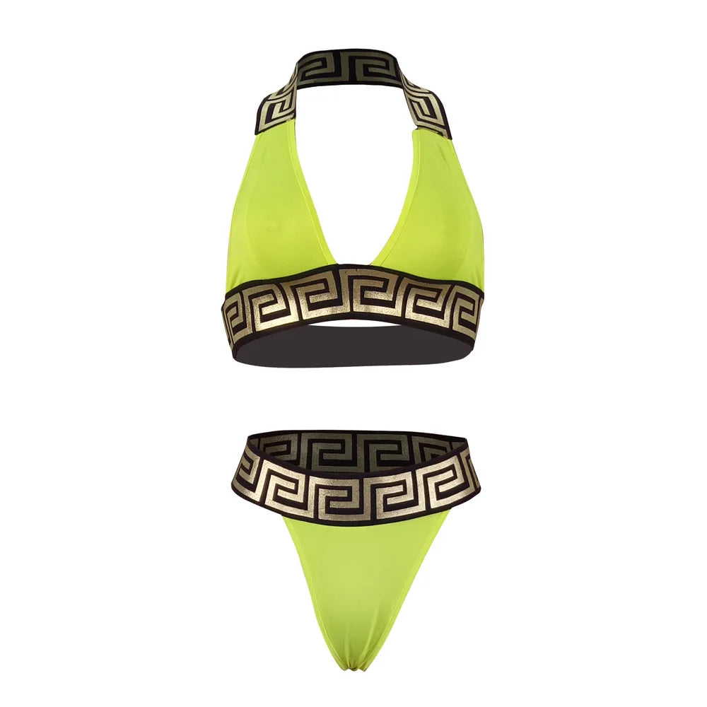 Print Black Push Up Bikini Two Pieces Set Women Swimwear Bandage Halter Swimsuit Bathing Suit