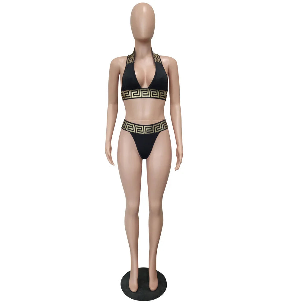 Print Black Push Up Bikini Two Pieces Set Women Swimwear Bandage Halter Swimsuit Bathing Suit
