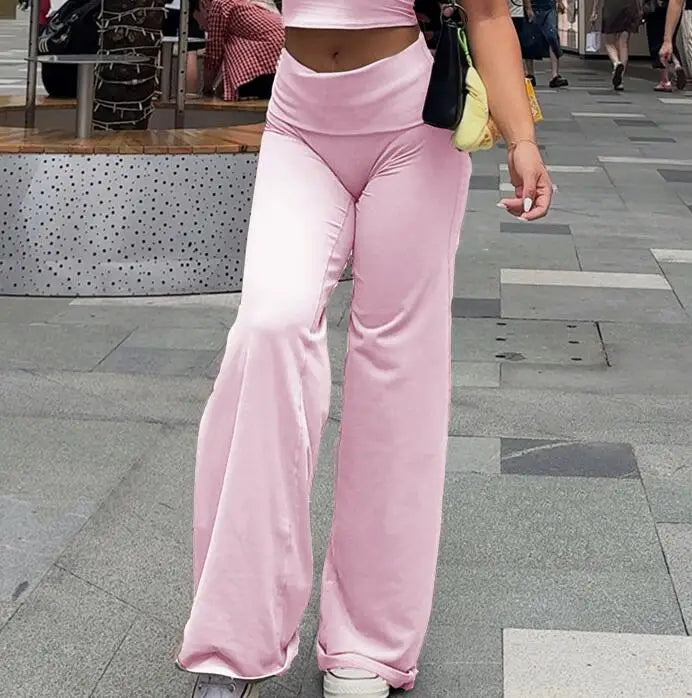 Fold Over Straight leg Bottoms Yoga Pants Gym Workout Flare Leggings Women Fitness Female Push Up Sports Tights Active Wear
