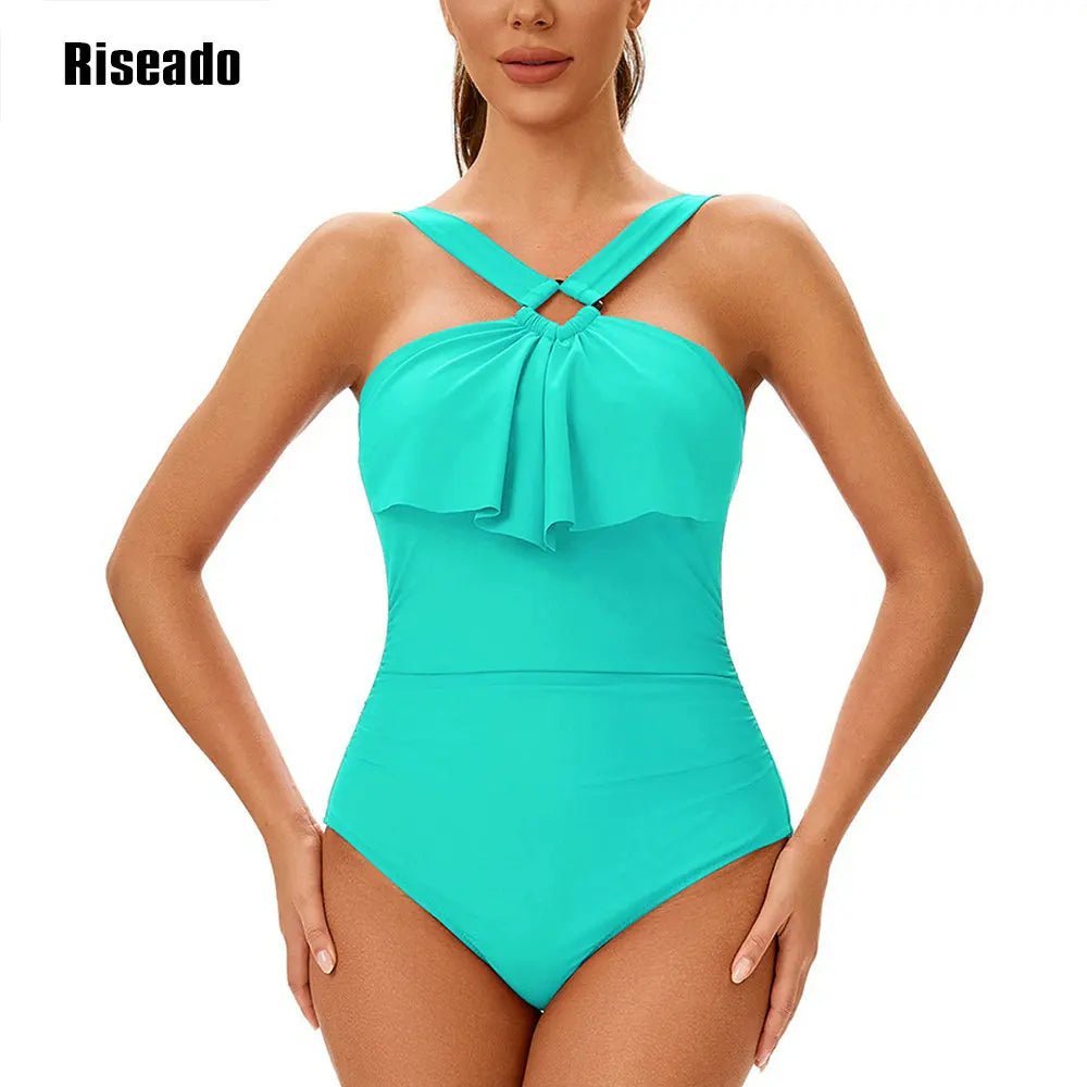 Women's One Piece Swimsuits Tummy Control Halter High Waisted Bathing Suit with Ruffle Shoulder