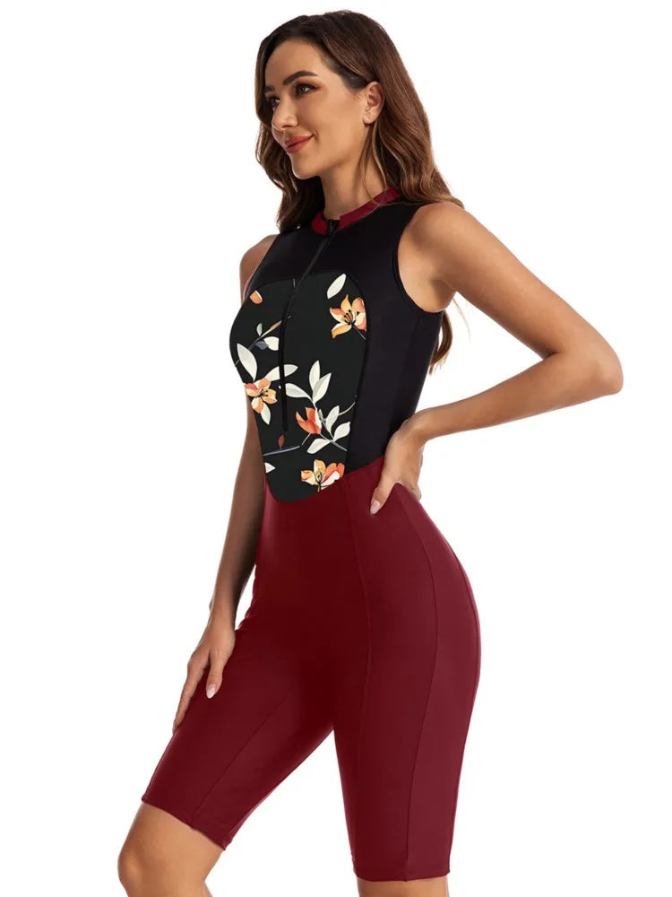 One Piece Zipper Swimsuit Knee Length Racing Swimsuit Female Swimming Sleeveless Outfit Women Professional Sporty Swimwear