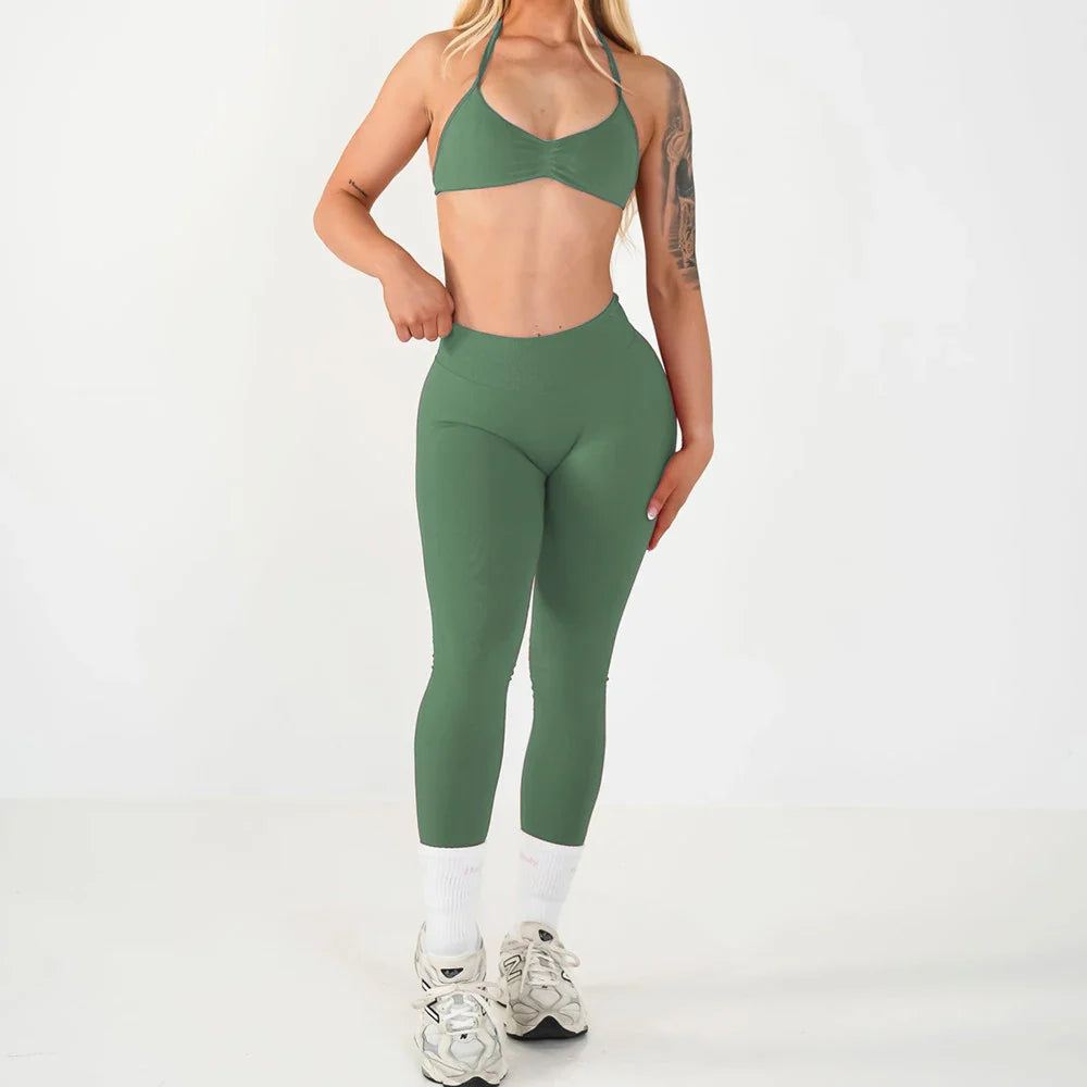 2PCS Seamless Yoga Set Women Workout Scrunch Leggings Strappy Sports Bra Fitness Gym Clothing Workout Set XP389