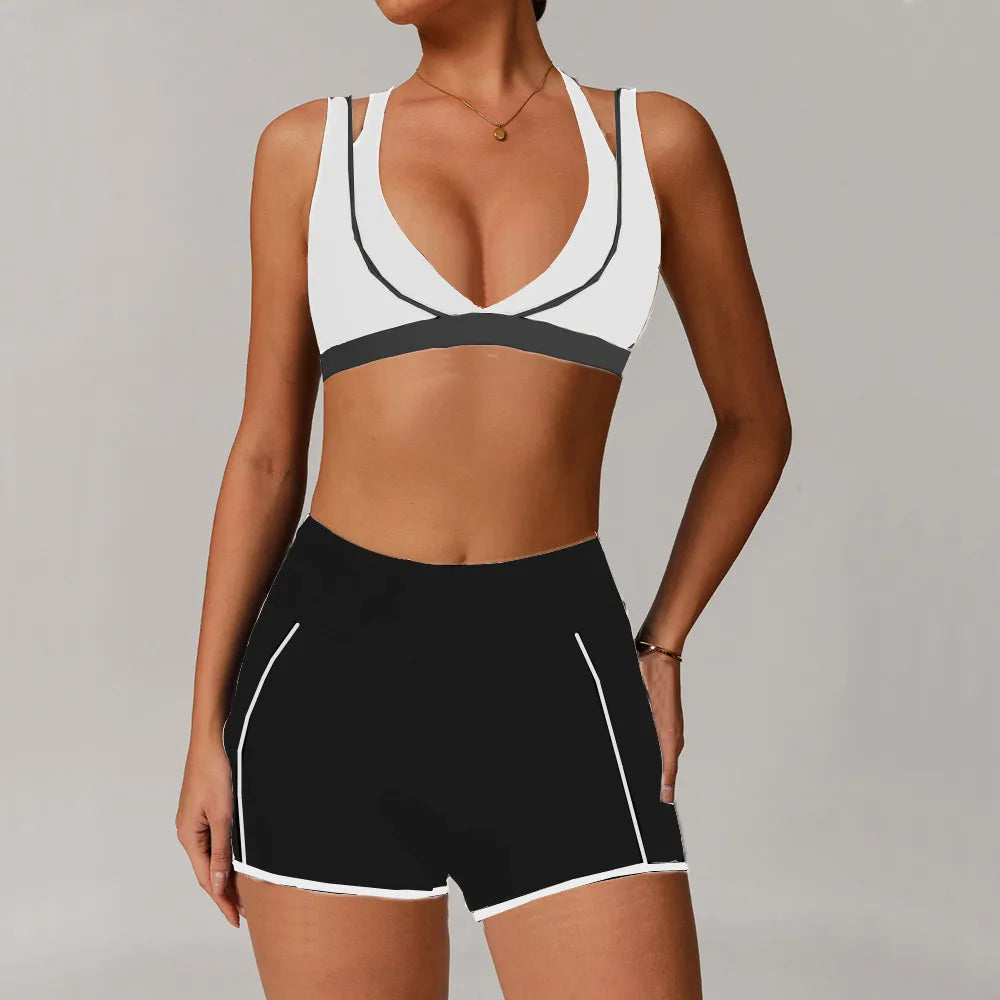 Pad 2PCS Yoga Set Sports Bras V-Neck Halter Pocket Fitness Workout Running Leggings Gym Woman Active Wear Clothing