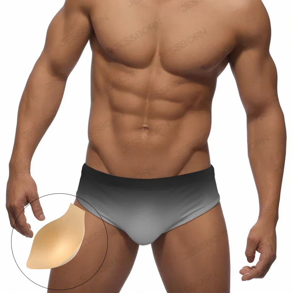 Men's Solid Gradient Swim Briefs Low Waist Pad Push Up Bathing Suit Polyester Quick Dry Male Sport Beach Surfing Swimwear
