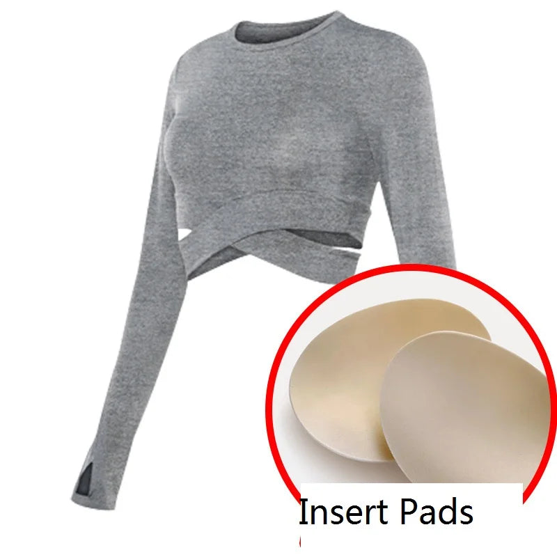 Long Sleeve Crop Tops Yoga Shirts Gym Shirt Women Fitness Workout Tops Slim Fit Top Cross Waist Design