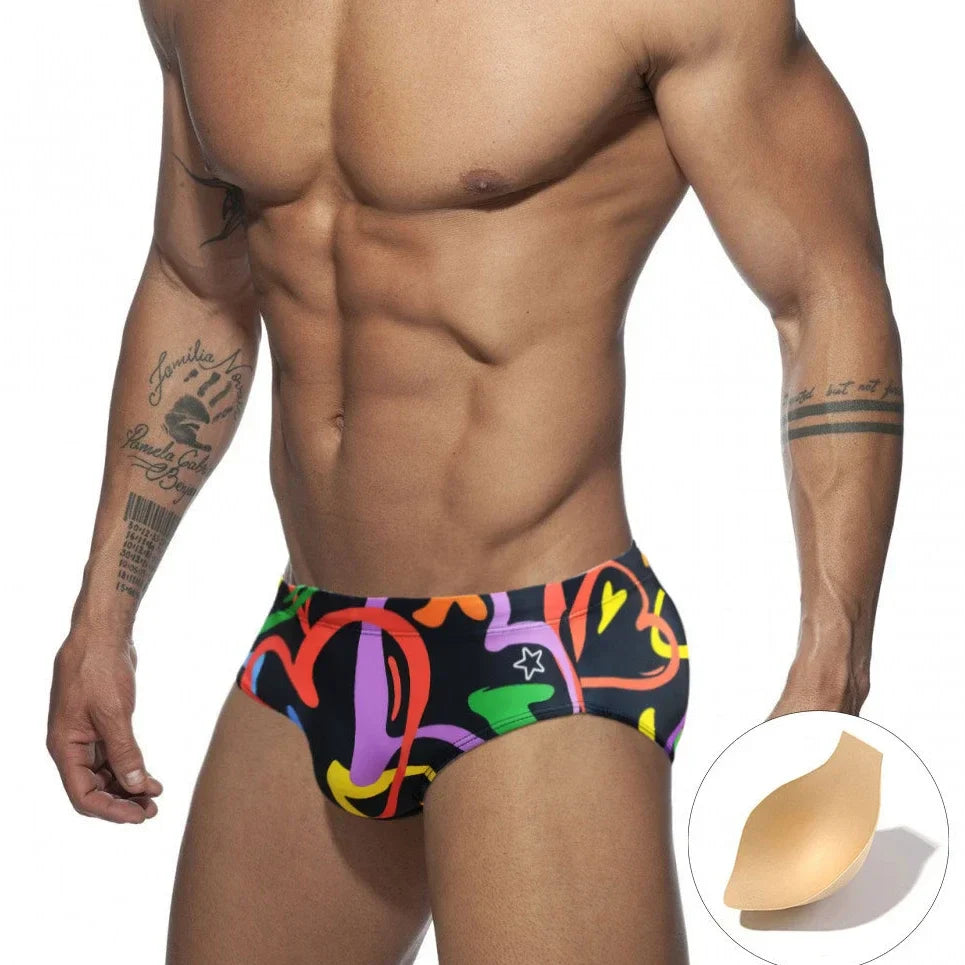 Colored Hearts Push Up Swimwear Men Swimming Briefs Sexy UXH Bikini Swimsuit Men Swim Wear Trunk Beach Surfing Bathing Suit