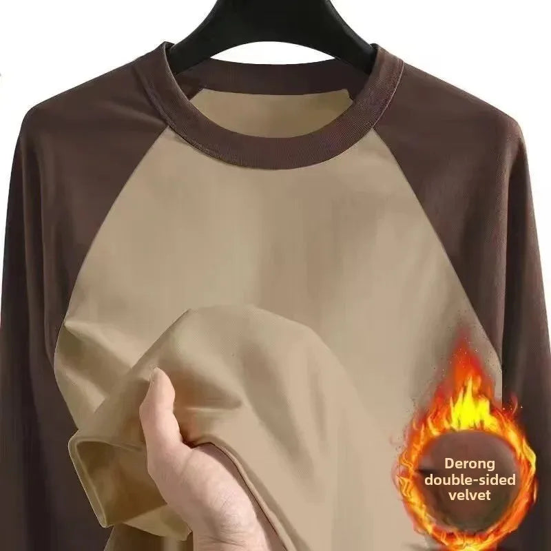 Double-Sided Men's Long Sleeve Crew Neck Thermal T-Shirt Winter Warm Clothing Solid Color Contrast Color German Velvet Base Shirt